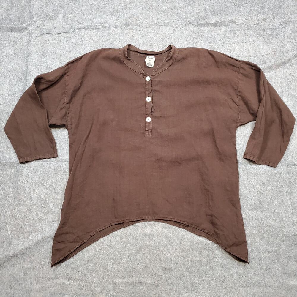 Match Point Top Womens Large Linen USA Made‎ Lagenlook Half Button Sharkbite Hem